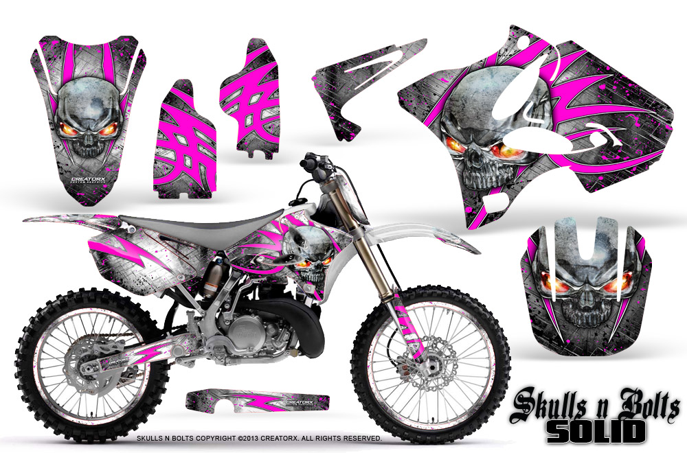 Yamaha YZ125-YZ250 02-12 Graphics Kit Skulls n Bolts Solid Pink White NP Rims